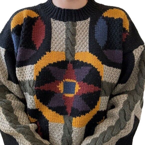 Vintage 1990s Hand Knit 100% Wool Geometric Oversized Chunky Crewneck Sweater - Picture 5 of 7